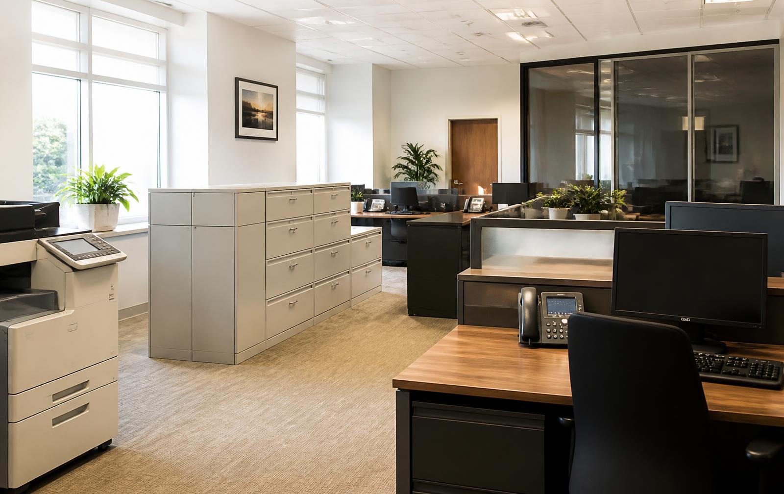 Professional office interior with workstations and documentation storage